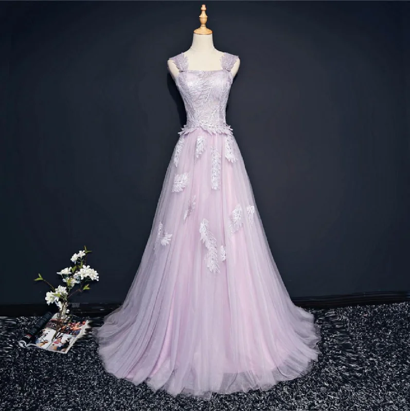 High-low hem maxi dress-Lilac Cap Sleeve Straight Neckline Lace Long Evening Prom Dresses, Popular 2018 Party Prom Dresses, Custom Long Prom Dresses, Cheap Formal Prom Dresses, 17214