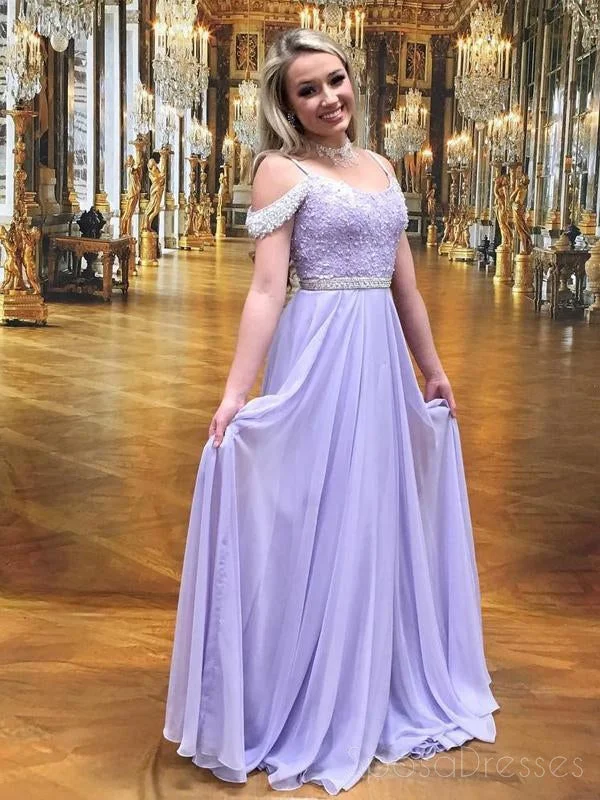 Keyhole back maxi dress-Lilac Off Shoulder Chiffon Lace Beaded Long Evening Prom Dresses, 17521