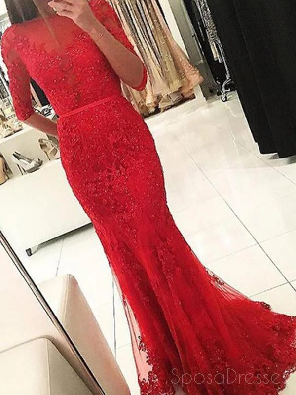 Bishop sleeve beach maxi dress-Long Sleeve Backless High Neck Red Mermaid Lace Long Evening Prom Dresses, 17460