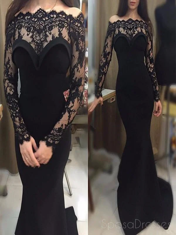 Colorblock maxi dress design-Long Sleeve Black Lace Mermaid Long Evening Prom Dresses, Popular Cheap Long Custom Party Prom Dresses, 17342