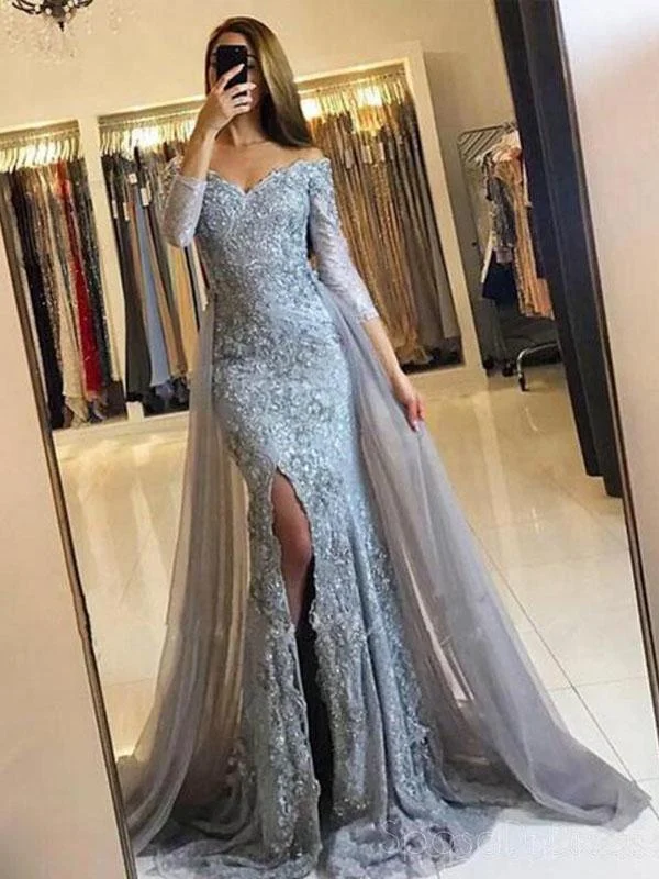 Layered ruffle casual maxi dress-Long Sleeve Dusty Blue Lace Side Slit Mermaid Evening Prom Dresses, Popular 2018 Party Prom Dresses, Custom Long Prom Dresses, Cheap Formal Prom Dresses, 17206