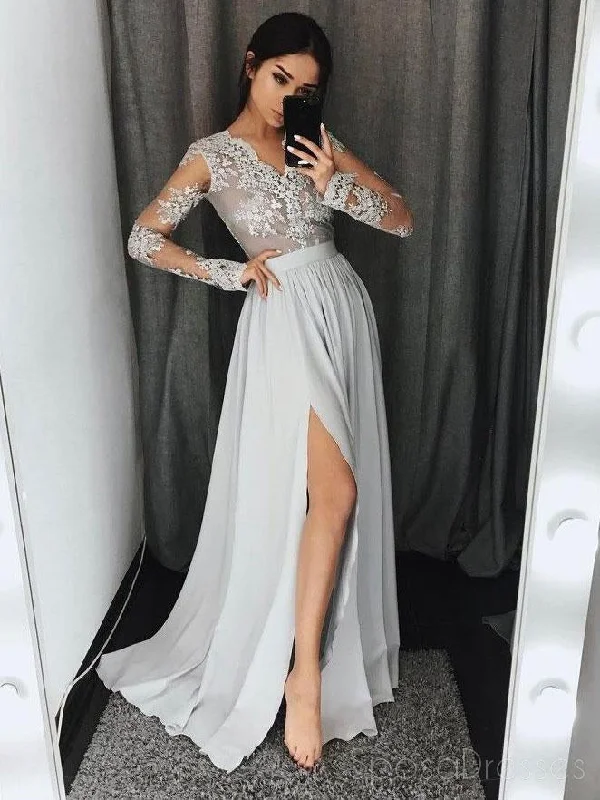 Bow detail formal maxi dress-Long Sleeve Gray Lace Fashion Evening Prom Dresses, Sexy Split Party Prom Dresses, Custom Long Prom Dresses, Cheap Formal Prom Dresses, 17146