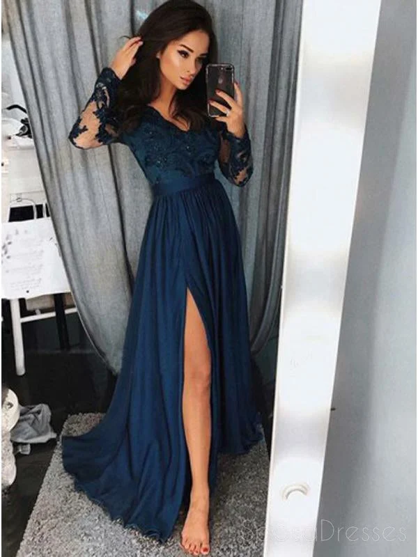 Tiered bodice boho maxi dress-Long Sleeve Lace Chiffon Side Slit Long Evening Prom Dresses, 17588