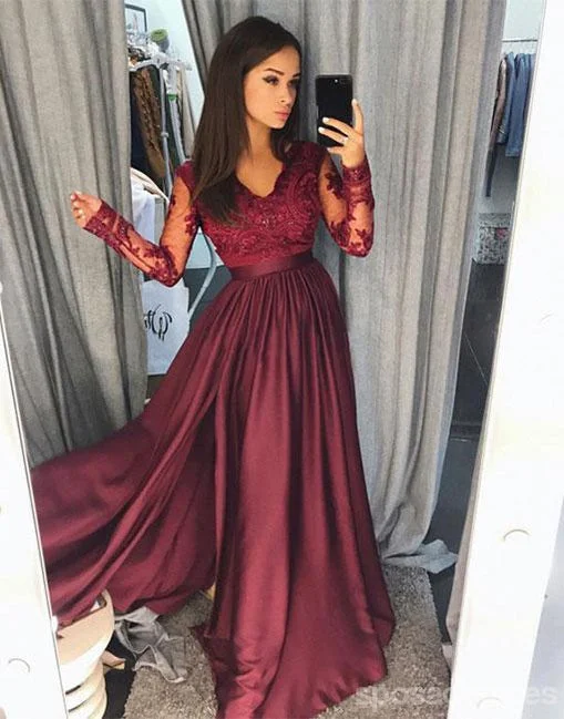 Cutout design casual maxi dress-Long Sleeve Lace Maroon Side Slit A line Long Evening Prom Dresses, Popular Cheap Long Custom Party Prom Dresses, 17336