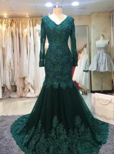 Handkerchief hem boho maxi dress-Long Sleeve Lace Mermaid Emerald Green Long Evening Prom Dresses, 17630