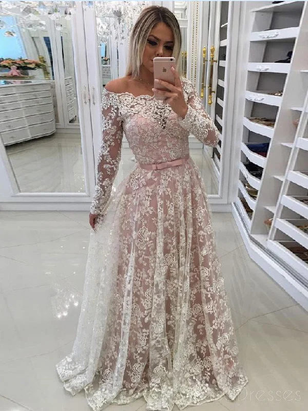 Elegant evening maxi dress-Long Sleeve Lace Off Shoulder A Line Long Custom Evening Prom Dresses, 17435