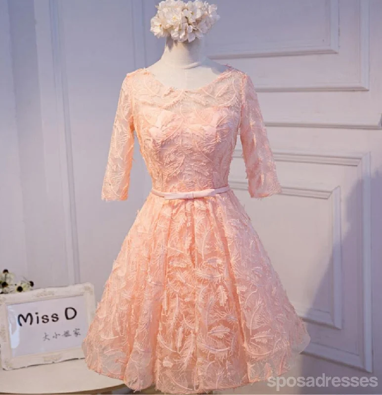 Nautical theme beach maxi dress-Long Sleeve Peach Open back Lace Cute Homecoming Prom Dresses, Affordable Short Party Prom Dresses, Perfect Homecoming Dresses, CM316