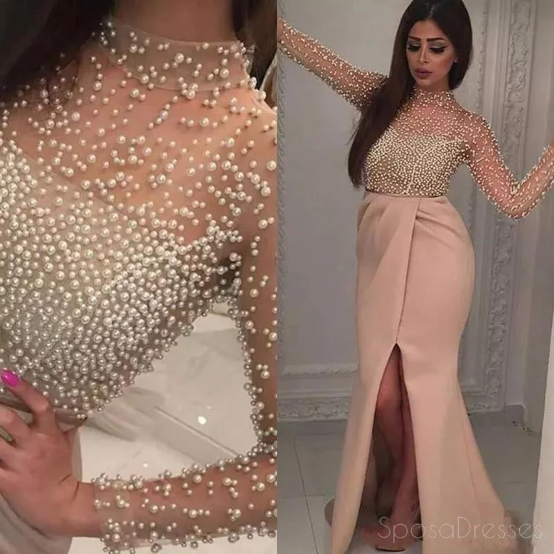 Adjustable strap summer maxi dress-Long Sleeve Pearls Beaded Slit Mermaid Evening Prom Dresses, Popular Unique Party Prom Dress, Custom Long Prom Dresses, Cheap Formal Prom Dresses, 17167