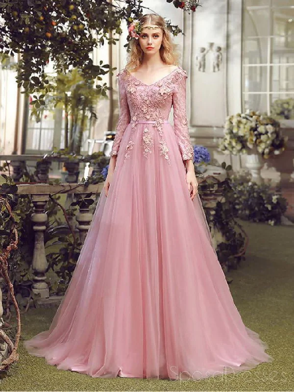 Lace trim elegant maxi dress-Long Sleeve Pink Lace A line Long Evening Prom Dresses, Popular Cheap Long Party Prom Dresses, 17310