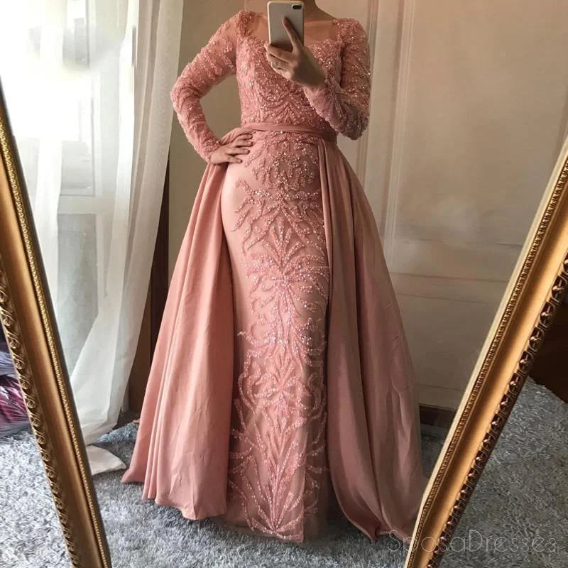 Embroidered bodice chic maxi dress-Long Sleeve See Through Heavily Beaded Dusty Pink Long Evening Prom Dresses, Popular Cheap Long 2018 Party Prom Dresses, 17228