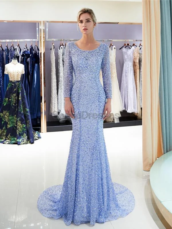 Off-shoulder formal maxi dress-Long Sleeves Blue Heavily Beaded Mermaid Evening Prom Dresses, Evening Party Prom Dresses, 12057