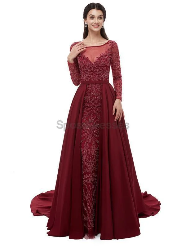 Side pocket casual maxi dress-Long Sleeves Dark Red Heavily Beaded Evening Prom Dresses, Evening Party Prom Dresses, 12100