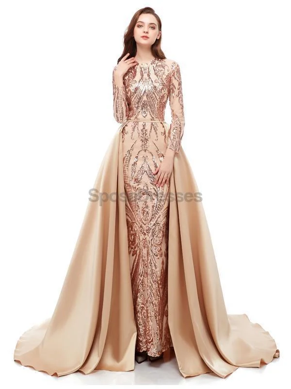 Lace trim elegant maxi dress-Long Sleeves Detachable Sparkly Sequin Evening Prom Dresses, Evening Party Prom Dresses, 12106