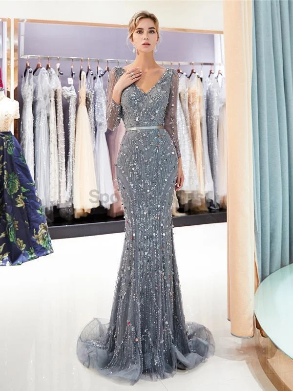 Artistic design elegant maxi dress-Long Sleeves Grey Rhinestone Heavily Beaded Mermaid Evening Prom Dresses, Evening Party Prom Dresses, 12038