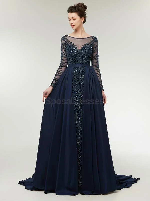 Adjustable waist summer maxi dress-Long Sleeves Heavily Beaded Cheap Long Evening Prom Dresses, Evening Party Prom Dresses, 12004