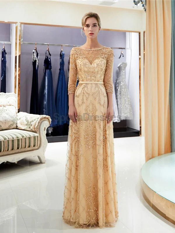 Layered tulle formal maxi dress-Long Sleeves Heavily Beaded Gold Evening Prom Dresses, Evening Party Prom Dresses, 12059