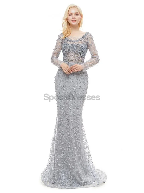 Tie-waist casual maxi dress-Long Sleeves Lace Beaded Mermaid Evening Prom Dresses, Evening Party Prom Dresses, 12045