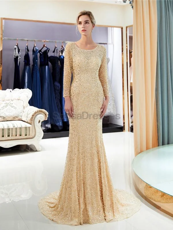 Metallic thread formal maxi dress-Long Sleeves  Open Back Mermaid Gold Beaded Evening Prom Dresses, Evening Party Prom Dresses, 12058