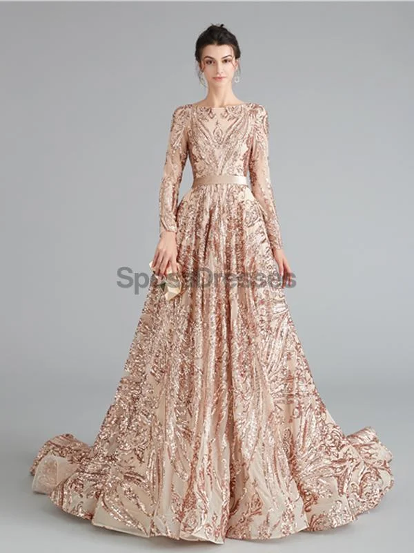 Geometric pattern chic maxi dress-Long Sleeves Sparkly Rose Gold Backless Evening Prom Dresses, Evening Party Prom Dresses, 12111