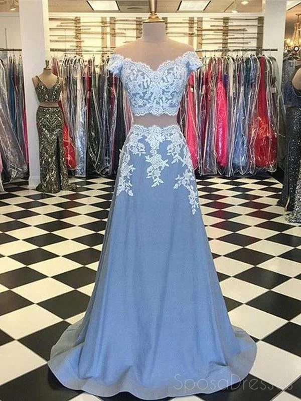 High-low silhouette beach maxi dress-Off Shoulder Two Pieces Blue custom Long Evening Prom Dresses, 17626