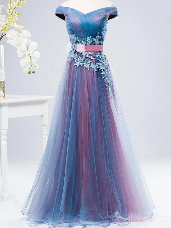 High-low hem maxi dress-Off Shoulder Blue & Pink Tulle A-line Long Evening Prom Dresses, 17627