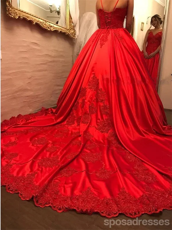 Off-shoulder formal maxi dress-Luxurious Spaghetti Straps Bright Red A-line Long Evening Prom Dresses, 17614