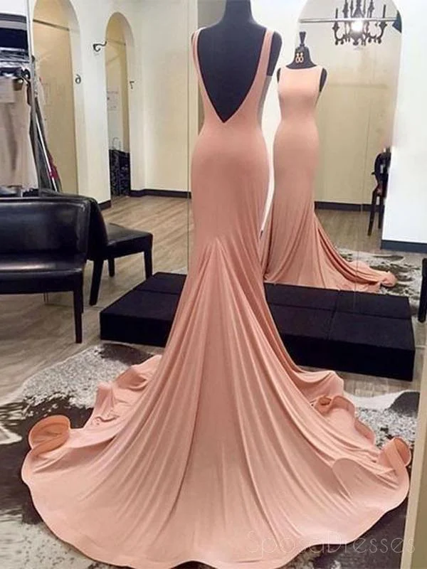 Frilly neckline elegant maxi dress-Mermaid Sexy Blush Pink Evening Prom Dresses, Long Backless Party Prom Dresses, 17121