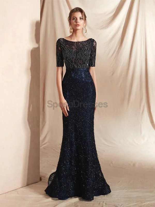 Cutout design casual maxi dress-Navy 1/2 Long Sleeves Lace Beaded Mermaid Evening Prom Dresses, Evening Party Prom Dresses, 12073