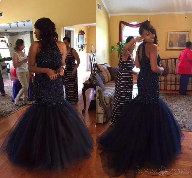 Layered ruffle casual maxi dress-Navy Beaded Halter Mermaid Evening Prom Dresses, 2017 Long Blush Pink Party Prom Dress, Custom Long Prom Dresses, Cheap Formal Prom Dresses, 17074