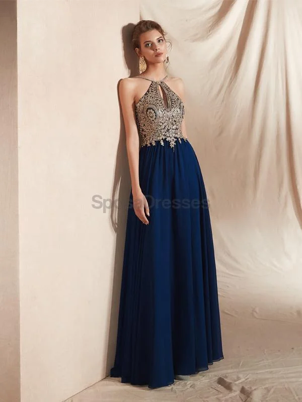 Empire waist elegant maxi dress-Navy Gold Lace Beaded Chiffon Evening Prom Dresses, Evening Party Prom Dresses, 12067