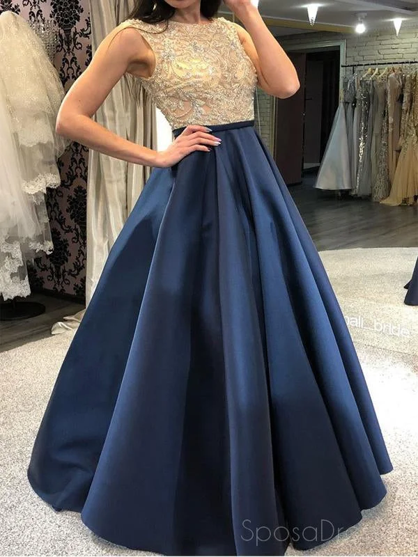 Voluminous skirt formal maxi dress-Navy Heavily Beaded Bateau A-line Long Evening Prom Dresses, 17579