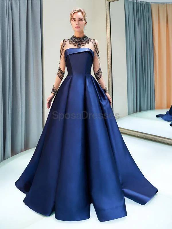 Colorblock maxi dress design-Navy Long Sleeves A-line Navy Beaded Evening Prom Dresses, Evening Party Prom Dresses, 12030