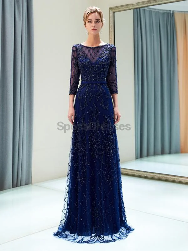 Sheer sleeve boho maxi dress-Navy Long Sleeves Lace Beaded Evening Prom Dresses, Evening Party Prom Dresses, 12052