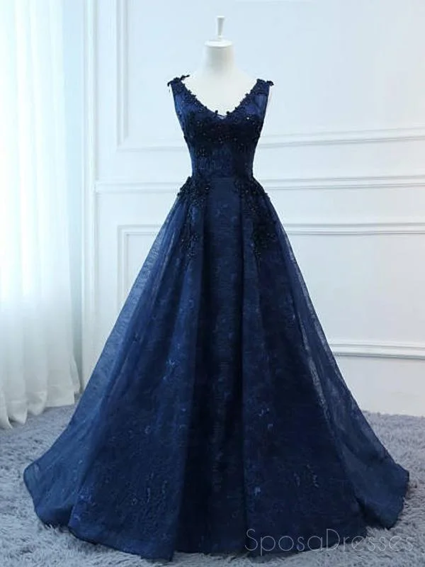 Pleated skirt maxi dress-Corset Navy V Neck A-line Lace Custom Long Evening Prom Dresses, 17716