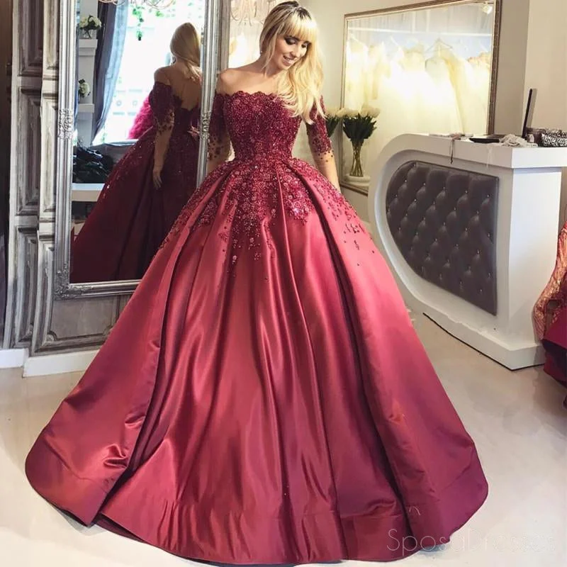 Keyhole back maxi dress-Off Shoulder 1/2 Long Sleeve A line Red Evening Prom Dresses, Popular 2018 Party Prom Dresses, Custom Long Prom Dresses, Cheap Formal Prom Dresses, 17211