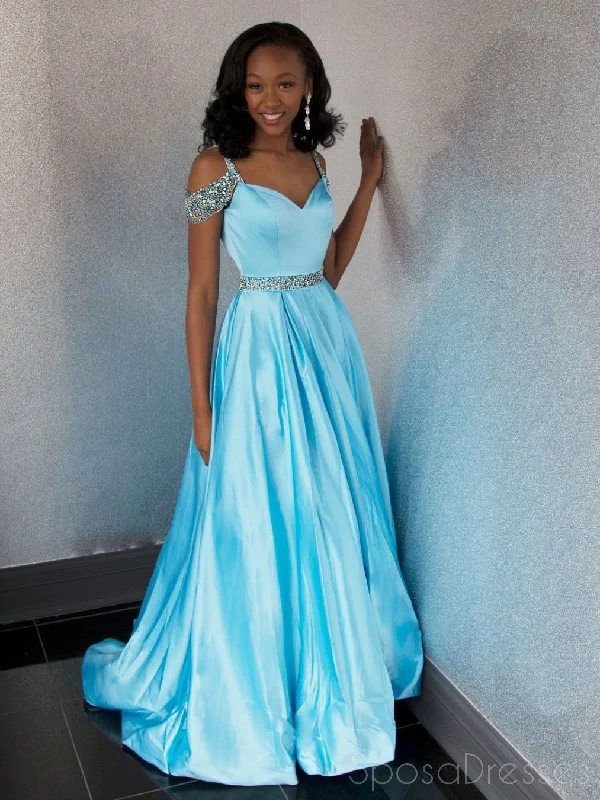 Smocked bodice boho maxi dress-Off Shoulder Blue Beaded A-line Cheap Evening Prom Dresses, Sweet 16 Dresses, 17495