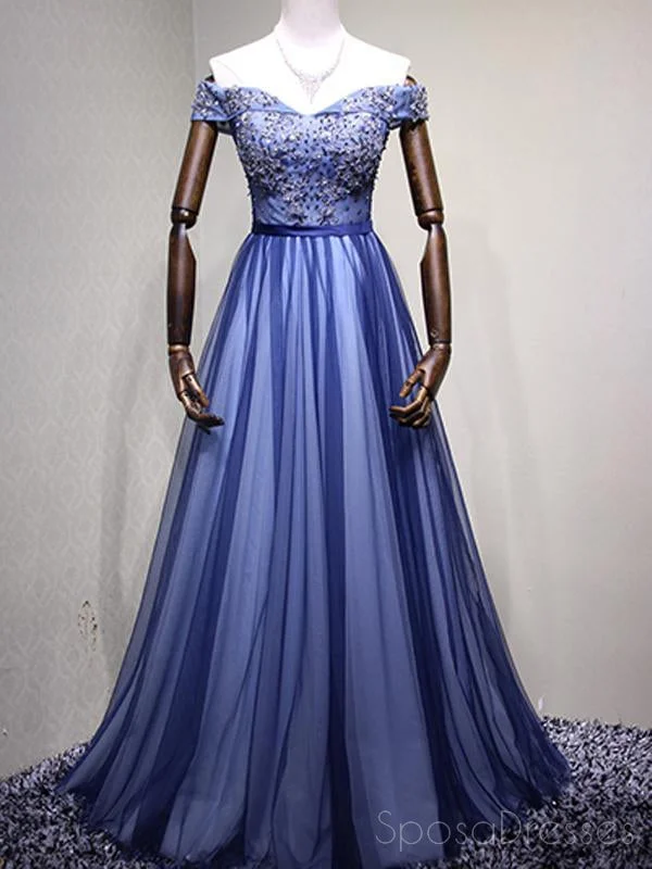 Lace detail maxi dress-Off Shoulder Blue Tulle Beaded A-line Long Evening Prom Dresses, 17621