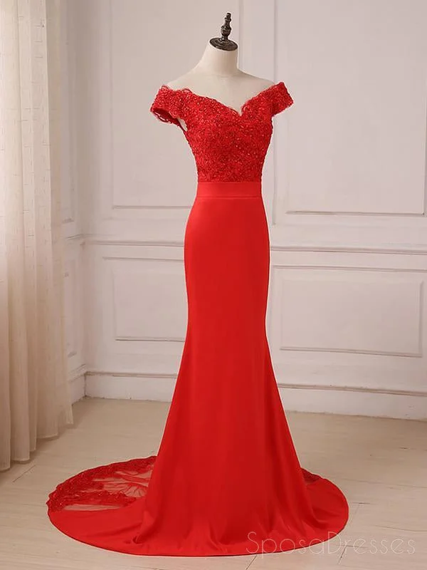 Braided belt casual maxi dress-Off Shoulder Bright Red Lace Mermaid Long Evening Prom Dresses, 17558