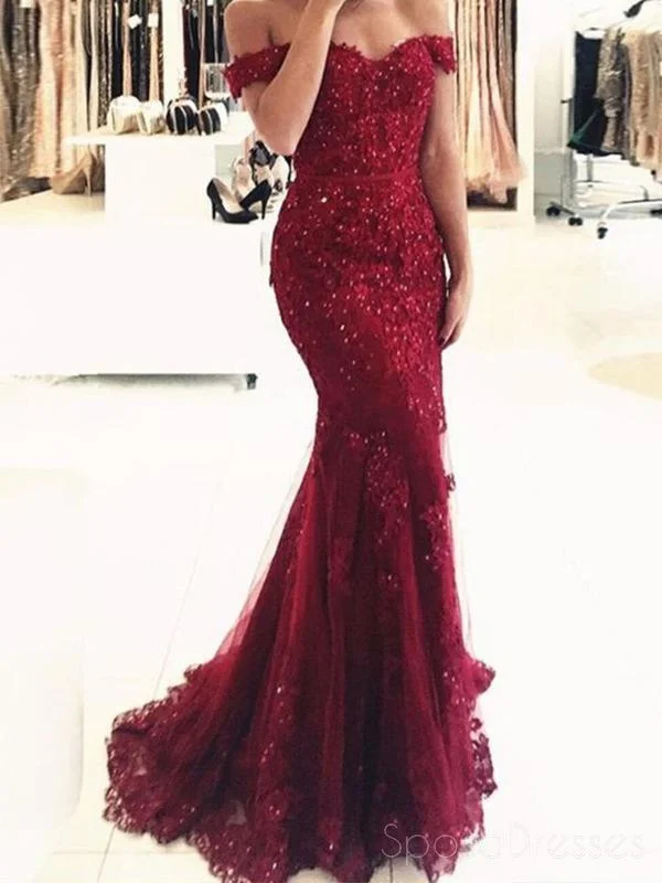 Denim fabric casual maxi dress-Off Shoulder Burgundy Lace Beaded Evening Mermaid Prom Dresses, Long Sexy Prom Dresses 17132