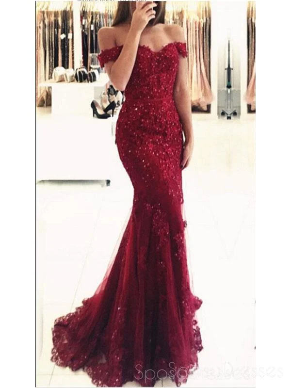 Lace trim elegant maxi dress-Off Shoulder Dark Red Lace Beaded Mermaid Evening Prom Dresses, Cheap Formal Prom Dresses, 17207