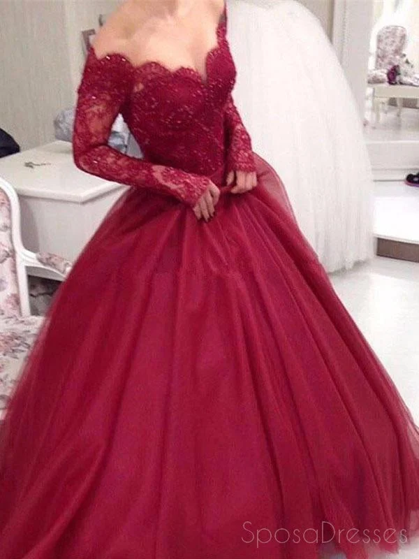 Adjustable strap summer maxi dress-Off Shoulder Dark Red Long Sleeve Lace A line Long Evening Prom Dresses, 17470