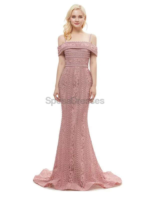 Spaghetti strap summer maxi dress-Off Shoulder Dusty Pink Lace Mermaid Evening Prom Dresses, Evening Party Prom Dresses, 12049