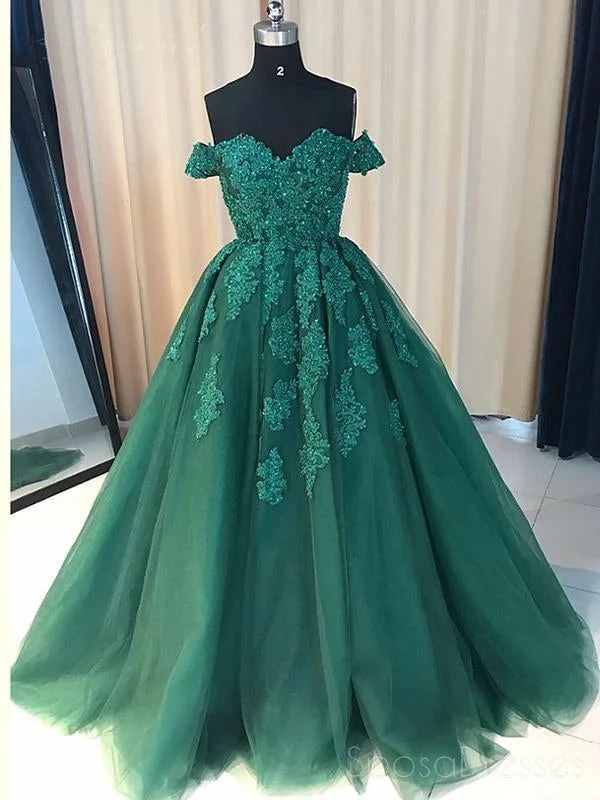 Flutter sleeve summer maxi dress-Off Shoulder Emerald Green Lace A line Long Custom Evening Prom Dresses, 17428