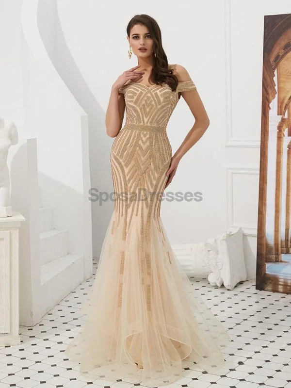 Voluminous skirt formal maxi dress-Off Shoulder Gold Beaded Mermaid Evening Prom Dresses, Evening Party Prom Dresses, 12091