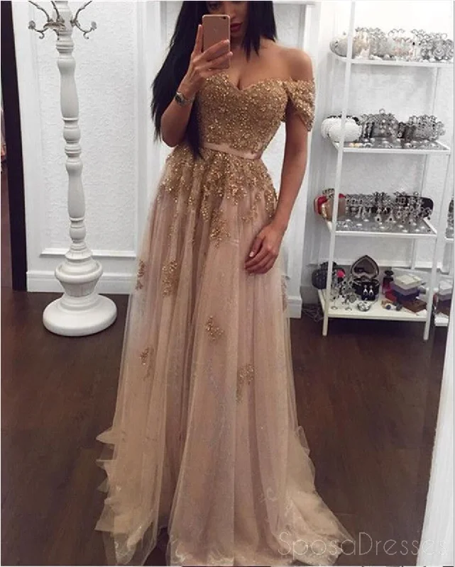 Floral embroidery elegant maxi dress-Off Shoulder Gold Lace Beaded Long Evening Prom Dresses, Popular Cheap Long Custom Party Prom Dresses, 17329