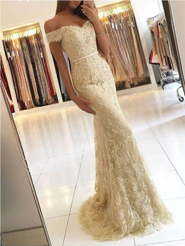 Asymmetrical design boho maxi dress-Off Shoulder Gold Lace Mermaid Evening Prom Dresses, Fashion Party Prom Dresses, Custom Long Prom Dresses, Cheap Formal Prom Dresses, 17163