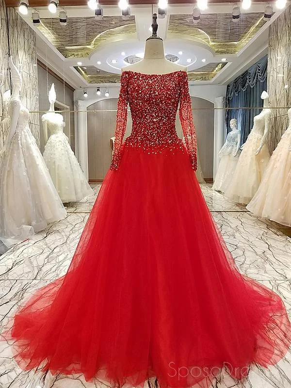 Asymmetrical hemline maxi dress-Off Shoulder Long Sleeve Rhinestone Beaded Long Evening Prom Dresses, 17674