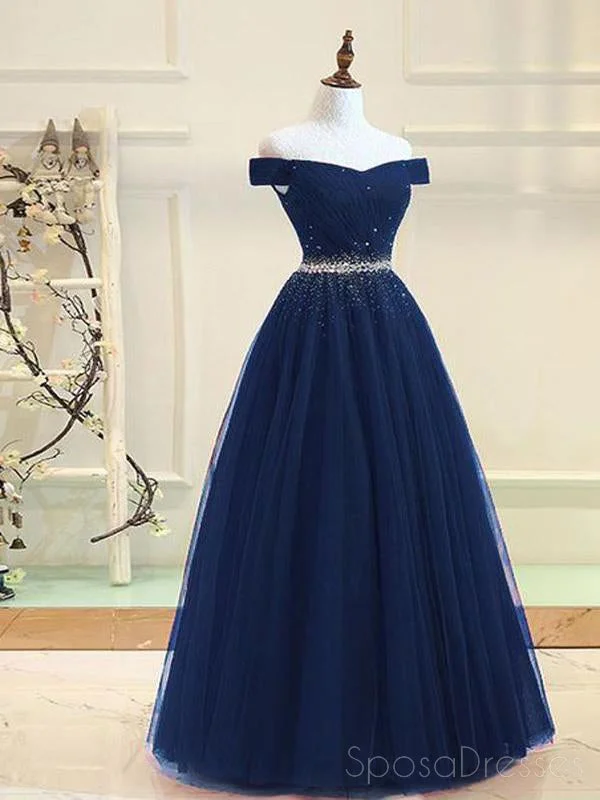 Summer floral maxi dress-Off Shoulder Navy Tulle A line Beaded Long Evening Prom Dresses, 17694