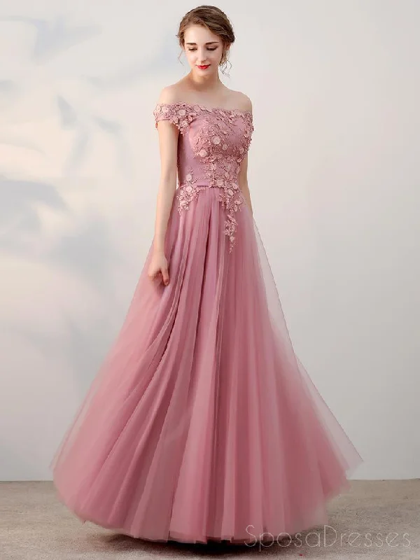 Voluminous skirt formal maxi dress-Off Shoulder Pink Tulle A-line Long Evening Prom Dresses, 17681