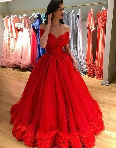 Lace trim elegant maxi dress-Off Shoulder Red A-line Custom Long Evening Prom Dresses, 17724